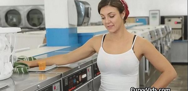  Assy teen blows cock at laundromat